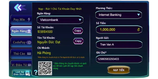 Nạp tiền qua ngân hàng là lấy stk để chuyển khoản